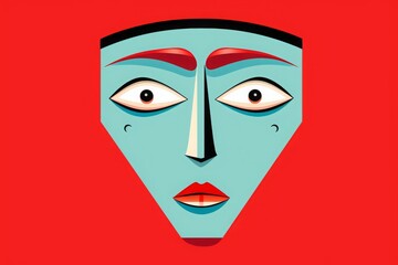 Wall Mural - Vibrant abstract face illustration with geometric shapes and bold colors on a red background, exuding surreal artistic vibes.