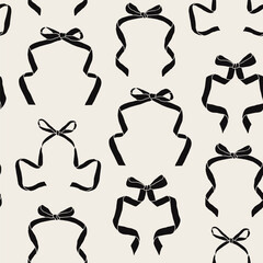 Set of various Bow knots, tie ups, gift bows. Hand drawn Vector illustration. Wedding celebration, holiday, party decoration, gift, frame, border, present concept. Square seamless Pattern, background