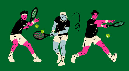 Wall Mural - Set of men playing Tennis. Various positions. Sportsmen holding rackets and hitting ball. Isolated design elements. Cartoon flat style. Hand drawn modern Vector illustration