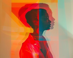 Poster - Artistic double exposure portrait with vibrant colors creating a layered silhouette effect. Bold and modern abstract photography.