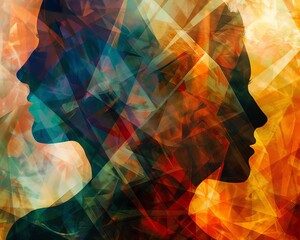 Poster - Abstract silhouette of two faces with a colorful geometric background. Modern art illustration with vibrant hues.