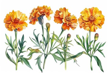 Wall Mural - vibrant handdrawn marigold flowers isolated on white color pencil illustration set