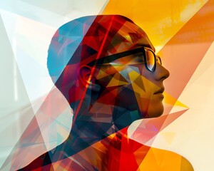 Poster - Modern abstract art of a person's profile with colorful geometric shapes overlaying the image, creating a dynamic and vibrant composition.