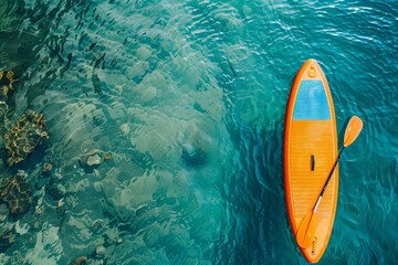 Wall Mural - vibrant standup paddleboard floating serenely on tranquil blue sea outdoor adventure sports concept