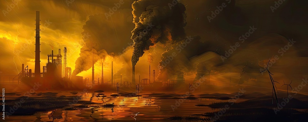 Pollution from industrial factory contaminating landscape with smoke ...