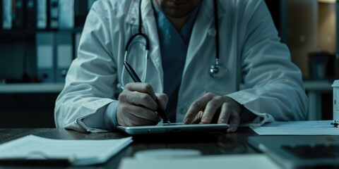 Wall Mural - A doctor is writing on a tablet in a dark room. Scene is serious and focused