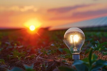 Wall Mural - A light bulb is lit up in a field at sunset. The light bulb is surrounded by green plants and the sky is orange and pink