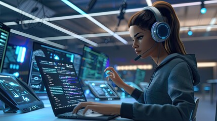 3D woman character in a high-tech office, wearing headphones and working on a laptop with multiple screens