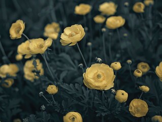 Canvas Print - A field of yellow flowers with a dark background. The flowers are in full bloom and are scattered throughout the field. The contrast between the bright yellow flowers