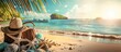 © AndreyFrol - Summer beach holiday postcard banner with suitcase, seashells, hat and palm trees overlooking a beautiful sunrise over the sea. copy space
