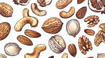 Wall Mural - A drawing of nuts and seeds with a white background. The nuts and seeds are drawn in various sizes and shapes, creating a sense of depth and texture. Scene is one of abundance and variety