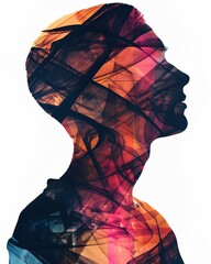 Poster - Double exposure silhouette portrait integrating abstract shapes and vibrant colors, depicting human creativity and mental complexity.