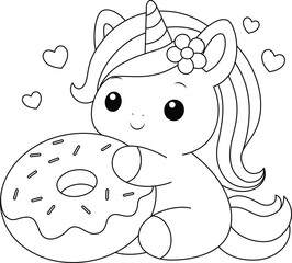 Wall Mural - Illustration of a cute unicorn and donut coloring page. Black and white outline vector cartoon character colouring book