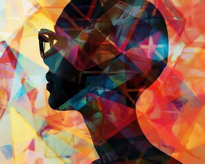 Poster - Silhouette of a person with colorful geometric shapes in the background, creating a modern and abstract artistic design.