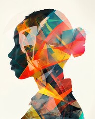 Poster - Artistic double exposure portrait of a woman silhouette filled with vibrant abstract geometric patterns and colors.
