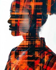 Poster - Double exposure portrait of woman blended with geometric patterns and bright colors, creating a modern and artistic visual effect.