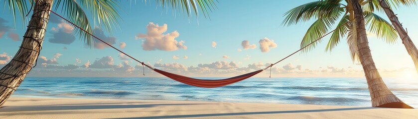 Hammock between two palm trees on the beach flat design front view relaxing spot 3D render complementary color scheme