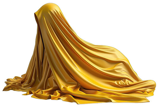 Golden fabric draped over an unseen object creating a mysterious and elegant visual effect on transparent background
