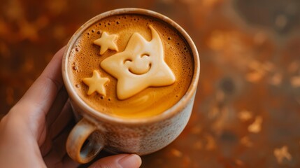 Latte art of a smiling star and crescent moon, held in a closeup shot,Closeup holding coffee cup, top view angle on isolated brown background