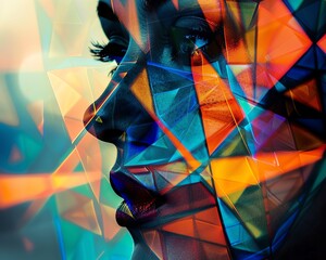 Poster - Vivid abstract art of woman's profile with colorful geometric patterns overlaying her face, creating a striking visual effect.