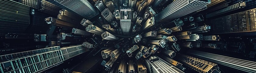 Wall Mural - Aerial view of a dense cityscape with numerous skyscrapers, creating an abstract urban scene from above showcasing architectural designs.