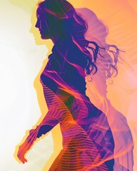 Poster - Artistic silhouette of a woman with vibrant, abstract overlays and colorful effects capturing movement and creativity.