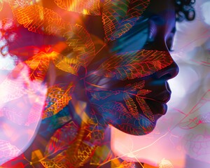 Poster - Abstract artistic representation of a person's profile with vibrant color overlays and leaf patterns, symbolizing nature and creativity.