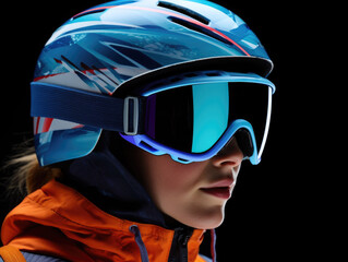 Sticker - A woman wearing a blue helmet and goggles. The helmet is blue and has a design on it