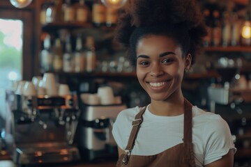 Poster - A smiling woman stands in front of a coffee shop counter. She is wearing a white shirt and a brown apron