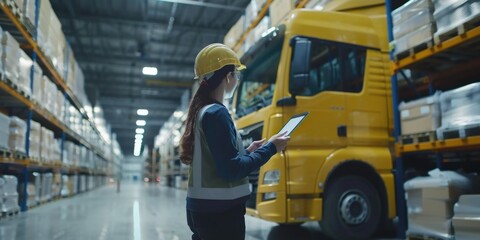 Wall Mural - A woman wearing a hard hat and safety vest is standing in front of a yellow truck. She is holding a tablet in her hand