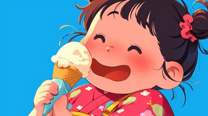 Canvas Print - A delightful cartoon character from Okinawa happily enjoying a delicious ice cream