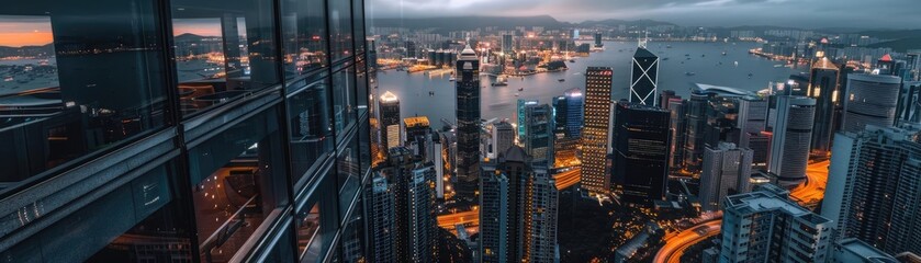 Wall Mural - Stunning aerial view of a bustling cityscape with skyscrapers, illuminated streets, and a harbor at dusk, showcasing urban beauty and nighttime vibrancy.