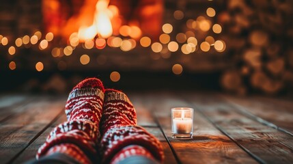 Wall Mural - A person is wearing red socks and sitting in front of a fireplace. A candle is lit in a glass on the floor. The scene conveys a cozy and warm atmosphere, perfect for relaxation