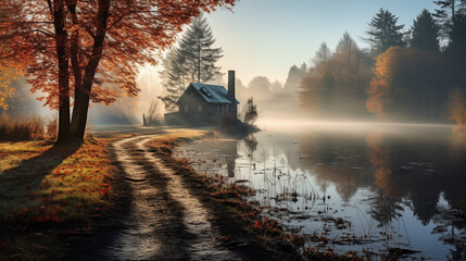 Poster - Foggy Morning by a Tranquil Lake with a Rustic Cabin and Autumn Trees