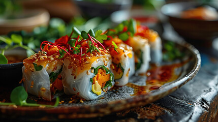 Wall Mural - Artistry of Sushi Rolls On Antique Ceramic Plate Selective Focus Background