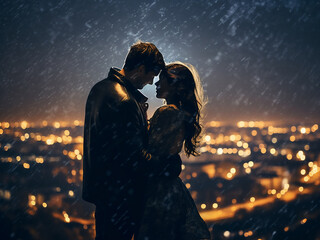 Wall Mural - Beneath the twinkling stars, a couple's romantic rendezvous paints the cityscape