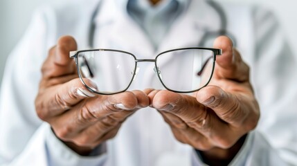 Wall Mural - Person and optometrist with glasses for vision, eyesight, and prescription eye care. A doctor, optician, and lens frame during an eyeglasses test and optical healthcare consultation.