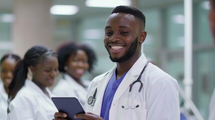 Wall Mural - Hospital, doctor, and black man on tablet at clinic for insurance, wellness app, and medical service. Happy, health professional and consultant on digital tech for telemedicine and aid