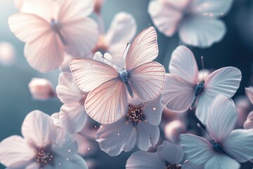 Wall Mural - A butterfly is surrounded by pink flowers. The butterfly is the main focus of the image, and the pink flowers are the background. The image has a serene and peaceful mood, as the butterfly