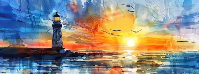 Wall Mural - Nautical dawn, serene watercolor portrayal of a lighthouse with the sunrise in the background, peaceful ocean view , close up, hyperrealistic, super-detailed