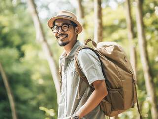 Wall Mural - Amidst nature's beauty, an Asian hipster man with a backpack relishes holiday relaxation