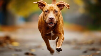 Wall Mural - A dog is running on a road with leaves on the ground. The dog is brown and has a black nose