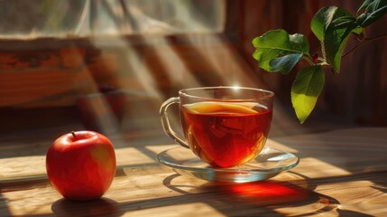 Wall Mural - A glass of tea sits on a wooden table next to an apple. The apple is positioned on a plate, and the tea is in a clear glass cup. Concept of relaxation and comfort, as the tea