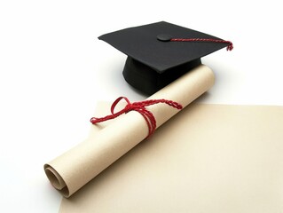 Wall Mural - Graduation cap with diploma paper scroll tied with red cord, symbolizing educational achievement and academic success.