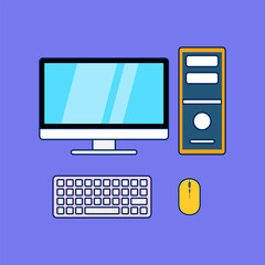 Vector icon set of computer, cpu, mouse, keyboard