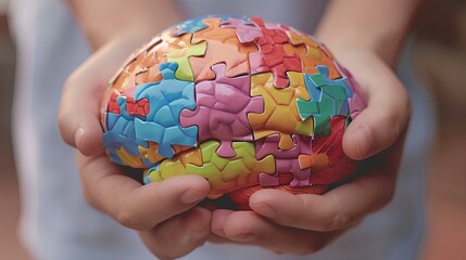 Wall Mural - Hands delicately holding a brain model adorned with puzzle paper cutouts, symbolizing awareness for autism, memory loss, dementia, epilepsy