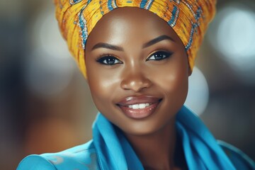 Wall Mural - A woman with a yellow and blue head scarf is smiling. She has dark skin and is wearing a blue jacket