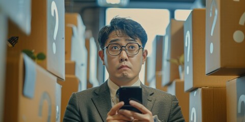 Wall Mural - A man is looking at his cell phone in a room full of boxes. He is wearing a suit and glasses