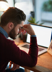 Aufkleber - Man, laptop or screen in office with headache for digital design, mental health or pain at desk. Male person, workplace or computer with hands for stress, website development or creative with problem