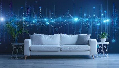 Wall Mural - Modern living room has an white sofa on empty dark blue futuristic wall background - 3D
